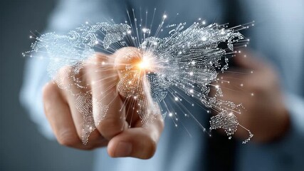 Global Connectivity: A dynamic close-up showcases a hand touching a digital world map, representing global connectivity and innovation. - Powered by Adobe