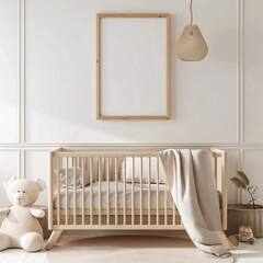 Poster frame mockup in child bedroom, Scandinavian interior nursery room design