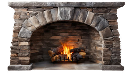 Rustic stone fireplace with burning firewood flames creating warm cozy atmosphere isolated on white background