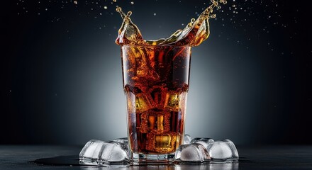 Refreshing cola splash in tall glass with ice cubes and dark background