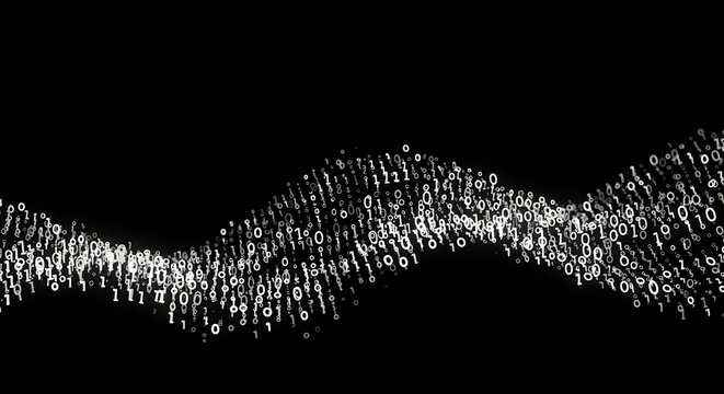 Abstract wave of binary code flowing across a black background.