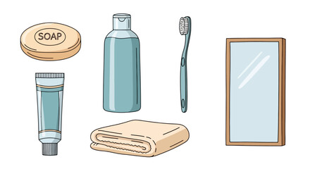 Bathroom essentials arranged neatly, including soap, shampoo, toothpaste, toothbrush, towel, and mirror, perfect for illustrating hygiene, personal care, or bathroom design concepts.