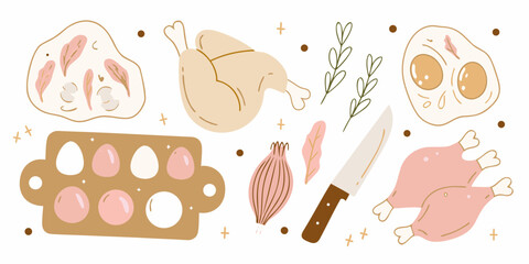 A whimsical collection of hand drawn food elements featuring chicken eggs and raw poultry