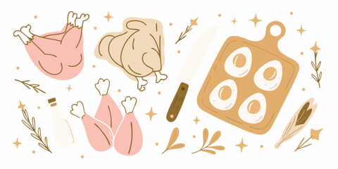 Hand drawn illustration of raw chicken pieces cooked chicken and hard boiled eggs with kitchen utensils and decorative elements