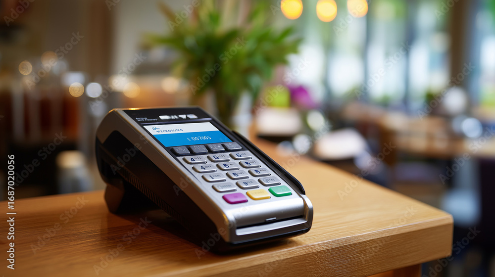 Poster a close up of a digital terminal as a fast payment is completed using a credit card glowing screen c