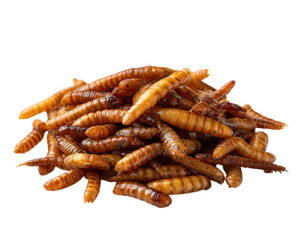 Pile of dried mealworms reptile food element photorealistic brown crunchy protein rich isolated on transparency background closeup natural nutritious snack