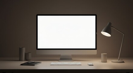 Fototapeta premium A modern desktop computer monitor with a blank white screen sits on a desk, illuminated by a sleek desk lamp, creating a focused workspace.