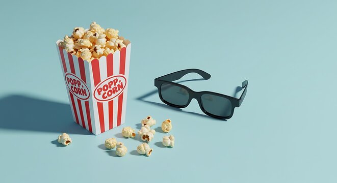 A red and white striped box of popcorn next to a pair of 3D glasses on a light blue background.