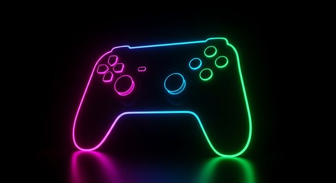 A vibrant neon outline of a modern video game controller glows with electric pink and blue light against a dark, reflective background, symbolizing digital e...