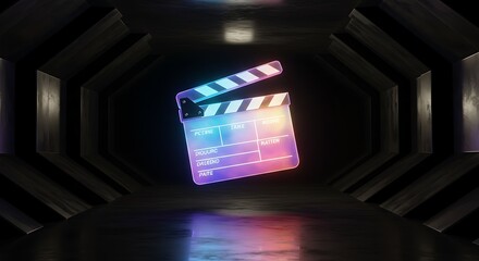 A glowing, colorful clapperboard floats in a dark, futuristic hexagonal tunnel, symbolizing digital film production.
