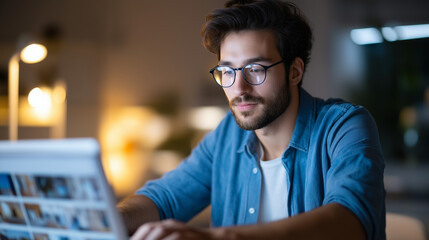 A young man at his desk navigating online property listings laptop screen filled with images of homes posture slightly leaned forward in concentration soft ambient light from