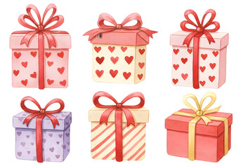 Obraz premium Watercolor Illustration of Gift Boxes with Ribbons Hearts and Transparent Background