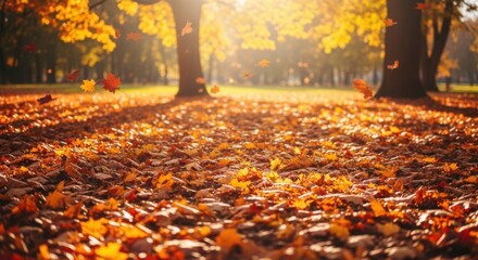 Autumn Park Pathway with Fallen Leaves and Sunlight Filtering Through Trees