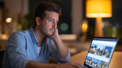 A young man at his desk navigating online property listings laptop screen filled with images of homes posture slightly leaned forward in concentration soft ambient light from