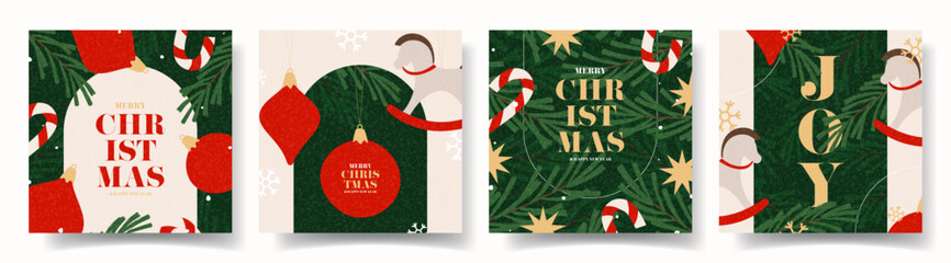 Merry Christmas and Happy New Year banners set. Trendy vector illustrations with Christmas decoration, typography design. Contemporary minimalist New Year backgrounds for card, cover, social media.