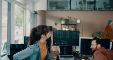 Trade, high five and people in office with desktop, meeting and success in stock market. Cryptocurrency, greeting and data analyst in workplace with tech, collaboration or profit growth in investment - Powered by Adobe