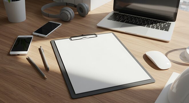 Clipboard with Office Supplies and Laptop on Wooden Desk