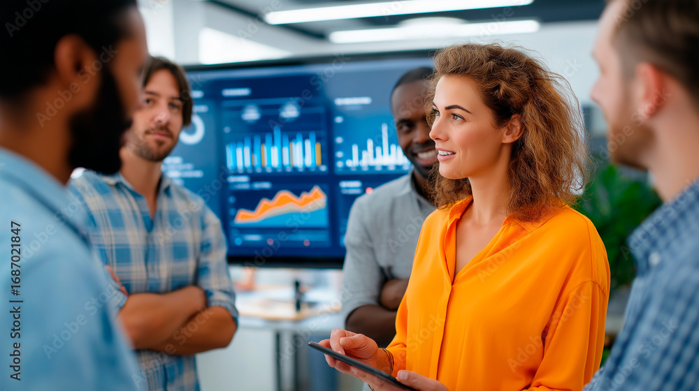 Poster a multiracial team gathered around a digital dashboard analyzing performance data on a large wall sc
