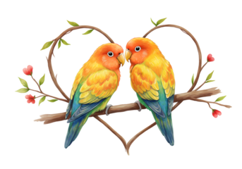 Watercolor Illustration of Lovebirds on a Branch Heart with Transparent Background