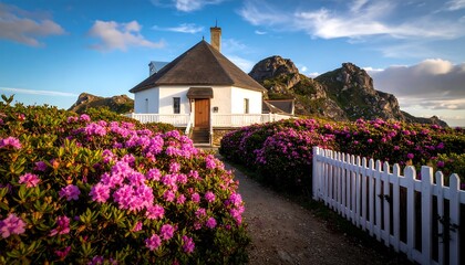 Picturesque coastal house with vibrant rhododendrons