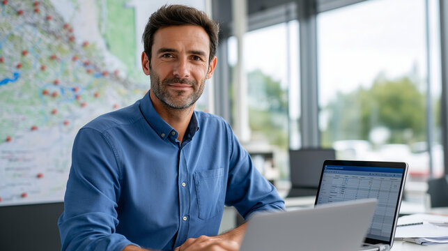 A busy supply chain manager in a logistics office organizing transportation schedules large wall map with pins and routes visible laptop open with spreadsheets and cargo data