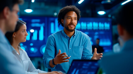 A multiracial team gathered around a digital dashboard analyzing performance data on a large wall screen gestures pointing to highlighted charts and graphs bright modern office