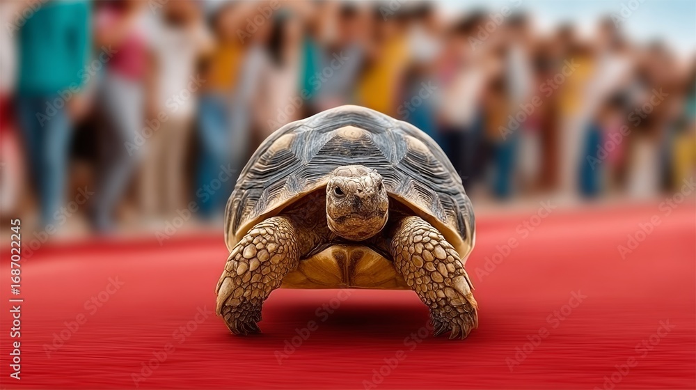Poster a turtle is on a red carpet and is surrounded by a crowd of people. the turtle is the main focus of 