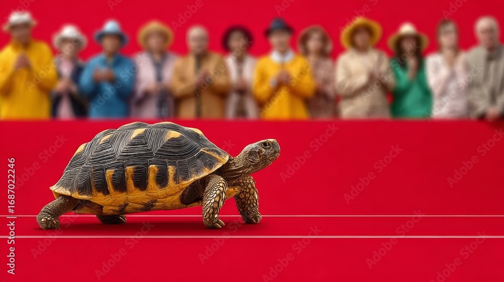 Poster a turtle is walking on a red carpet in front of a crowd of people. the turtle is the main focus of t