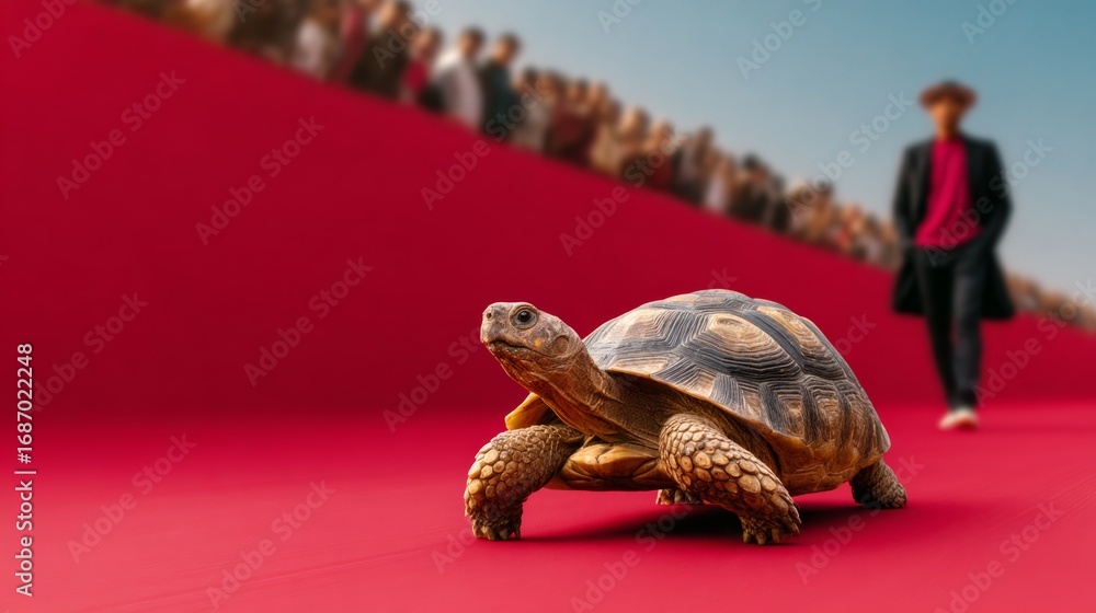Poster a small turtle is walking on a red carpet in front of a crowd of people. the scene is lively and ene