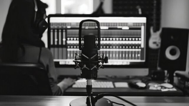 A close-up shot of a microphone placed in front of a computer