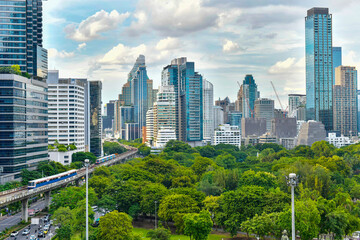 Bangkok city skyline with Lumpini park from top view, Thailand.	