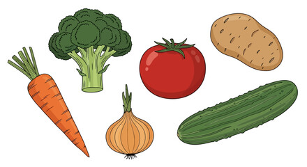 Freshly drawn vegetable assortment featuring vibrant colors and simple outlines, suitable for educational materials, recipe illustrations, or healthy eating campaigns.