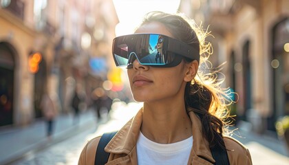 Woman wearing virtual reality headset outdoors