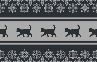 Vector seamless pattern with cat silhouettes and tribal geometric motifs. Monochrome design. Use this pattern for creating pet themed designs, textile prints, packaging, and more. Perfect for cat love