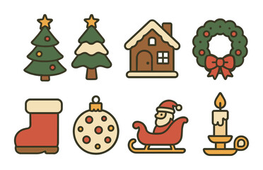 Christmas icons: trees, house, wreath, boot, ornament, santa sleigh, candle