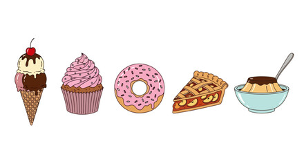 Colorful assortment of desserts including ice cream cone, cupcake, donut, pie slice, and pudding, ideal for illustrating sweet treats and bakery products