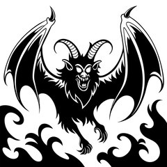 Winged Goat Demon Rising from Flames | Scary Monster Silhouette | Horror Design