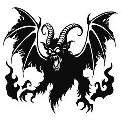 Winged Demon with Horns and Flames | Evil Monster Silhouette | Scary Halloween Design