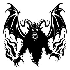 Winged Demon with Horns and Flames | Evil Monster Silhouette | Scary Halloween Design