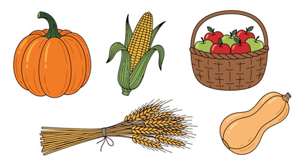 Autumn harvest illustration featuring seasonal vegetables, fruits, and wheat on a white background for seasonal designs, harvest festivals, or educational materials.