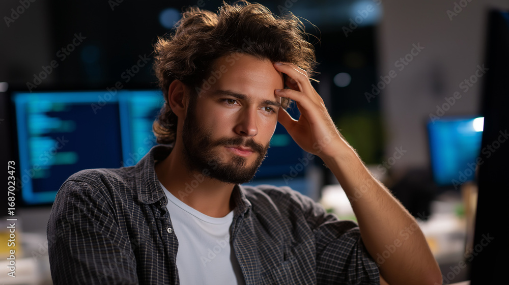 Aufkleber a stressed software engineer seated at a cluttered desk fingers running through hair while staring a