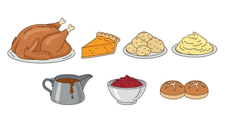 Classic Thanksgiving feast illustration featuring turkey, pie, and various side dishes ideal for holiday-themed designs or culinary projects.