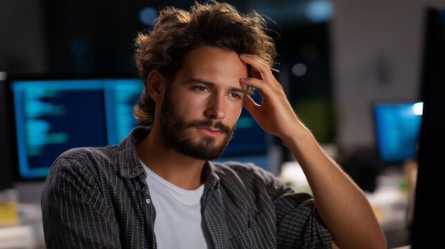 A stressed software engineer seated at a cluttered desk fingers running through hair while staring at broken lines of code on dual monitors coffee cup half empty beside scattered