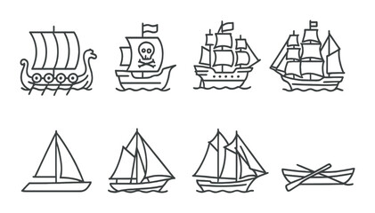 Silhouette collection of various nautical ship designs on shaded background