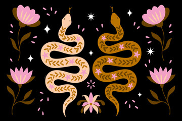 Boho Folk Art Two Snakes  Illustration on Dark Background. Vector illustration of a stylized snake in folk art style, on a black background. Decorated with ornamental patterns in beige and brown tones