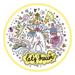 Cute unicorn with his dreams colored vector doodle illustration