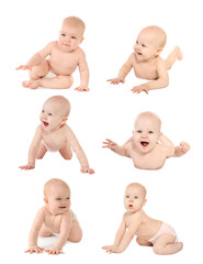 Cute little baby on white background, collage