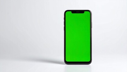 Modern mobile phone with a green screen display for your custom content. A sleek digital device mockup isolated on a clean white background with space for text