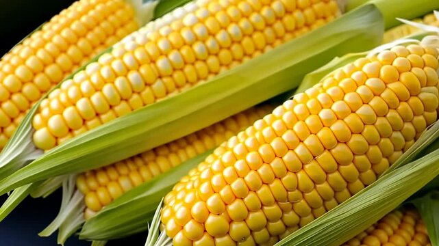 Close-up video of fresh corn cobs, showcasing vibrant yellow kernels. Captured at a low angle, emphasizing texture and natural beauty.