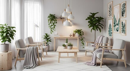 A bright, modern living room with light wood furniture, grey armchairs, and abundant green houseplants creating a serene, biophilic interior.